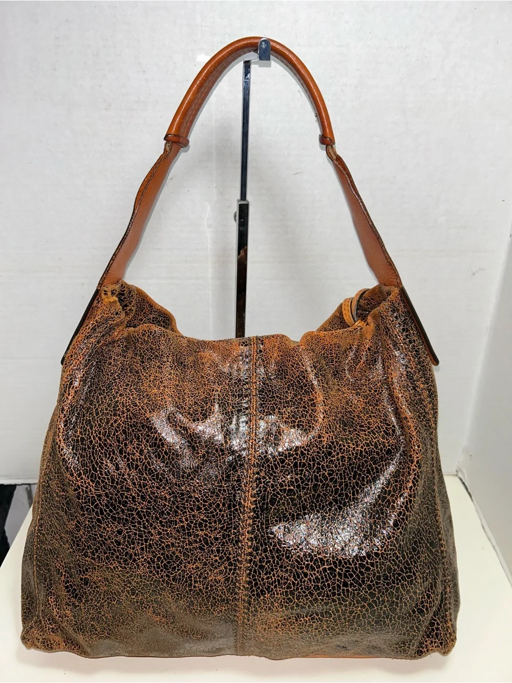 Abro Brown Cognac Distressed Crackled Leather Hobo Shoulder Bag